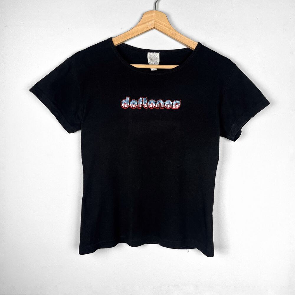 Vintage Y2K Deftones Graphic Band Baby Tee Babydoll Top Black Mall Goth Grunge